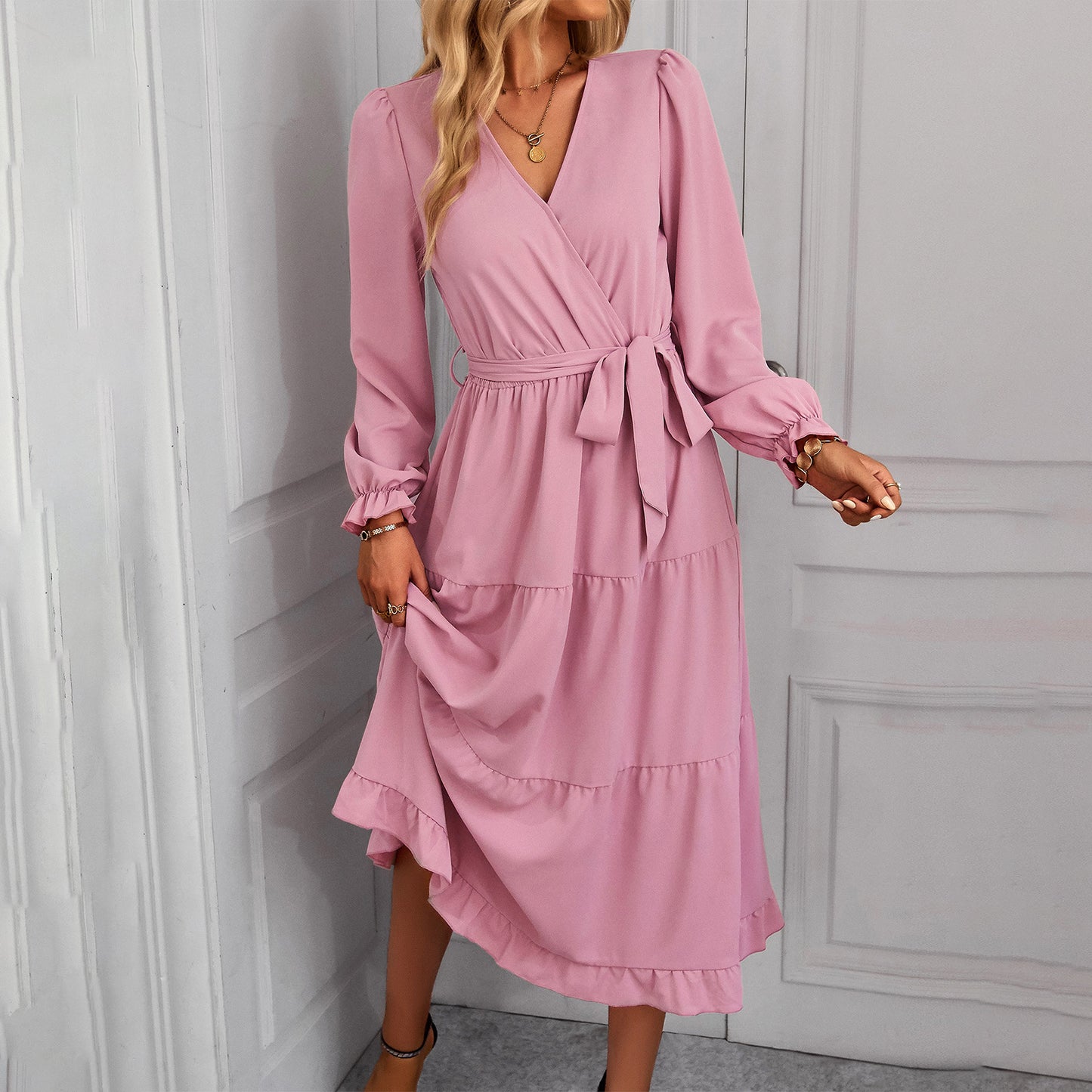Vestido cruzado informal de manga larga con estampado de color liso para mujer