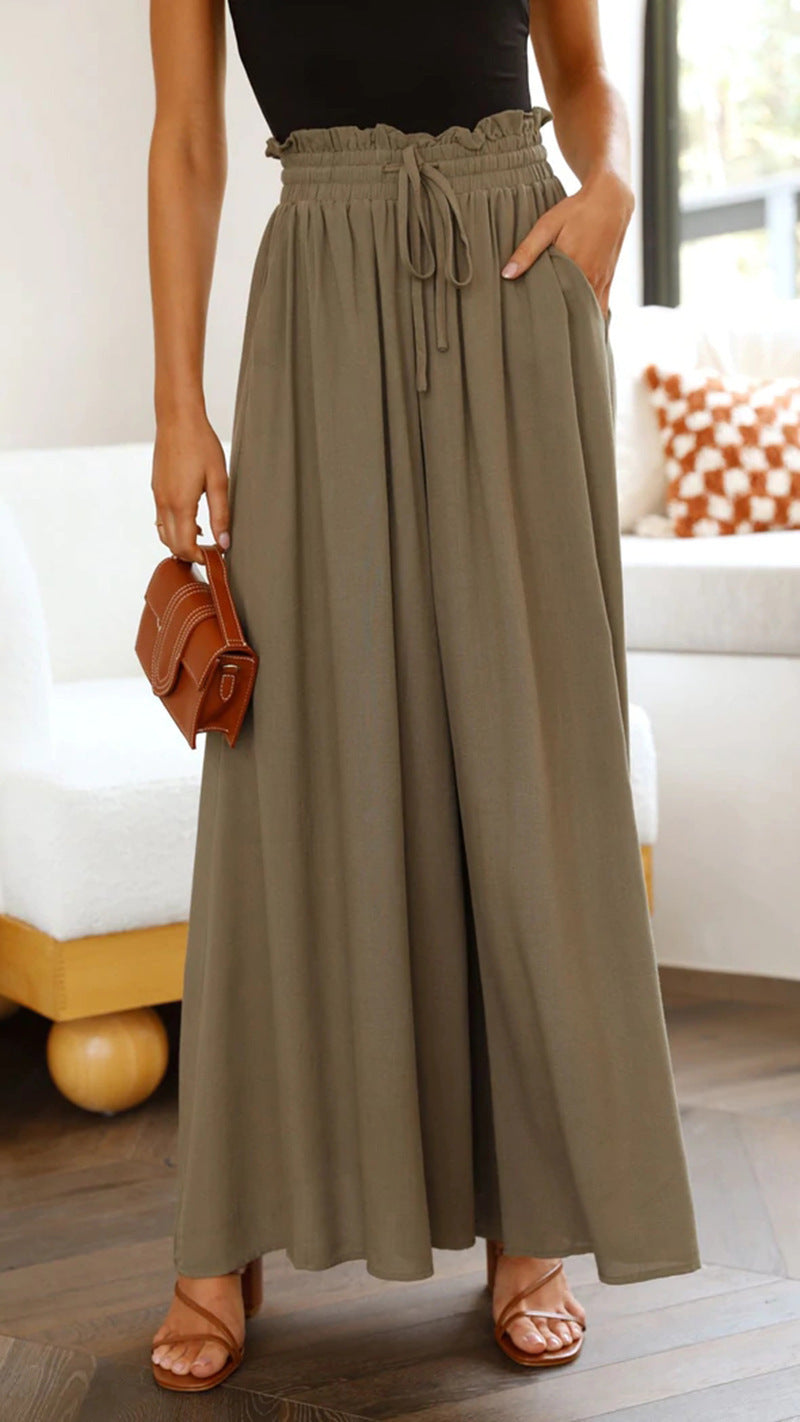 Women Solid Color High Waist Elastic Casual Wide Leg Pants