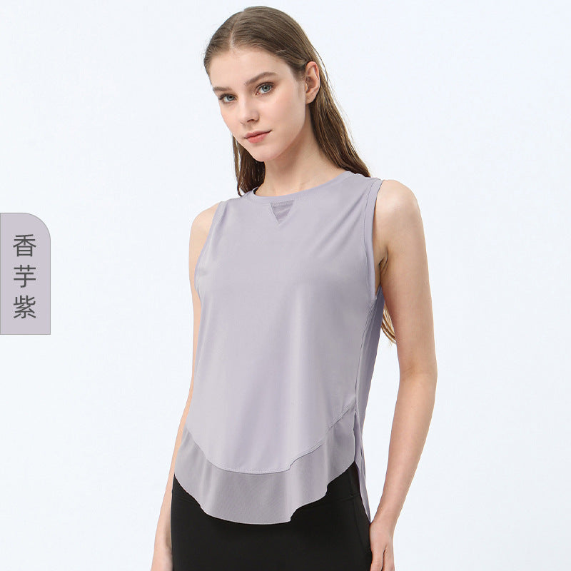Women Casual Loose Solid Color Round Neck Sleeveless Mesh Spliced Sports Tank Top