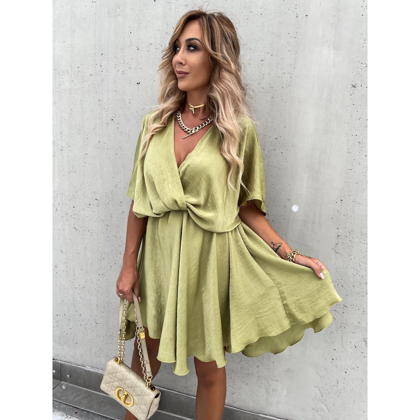 Spring Summer Solid Color Satin Loose Casual Vacation V Neck Dress
