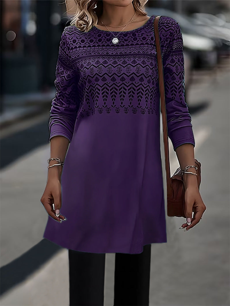 Vestido informal de manga larga con cuello redondo y estampado geométrico para mujer
