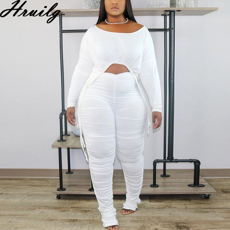 Conjunto de dos piezas de ropa informal para mujer, con top corto de manga larga y pantalones largos fruncidos, color liso