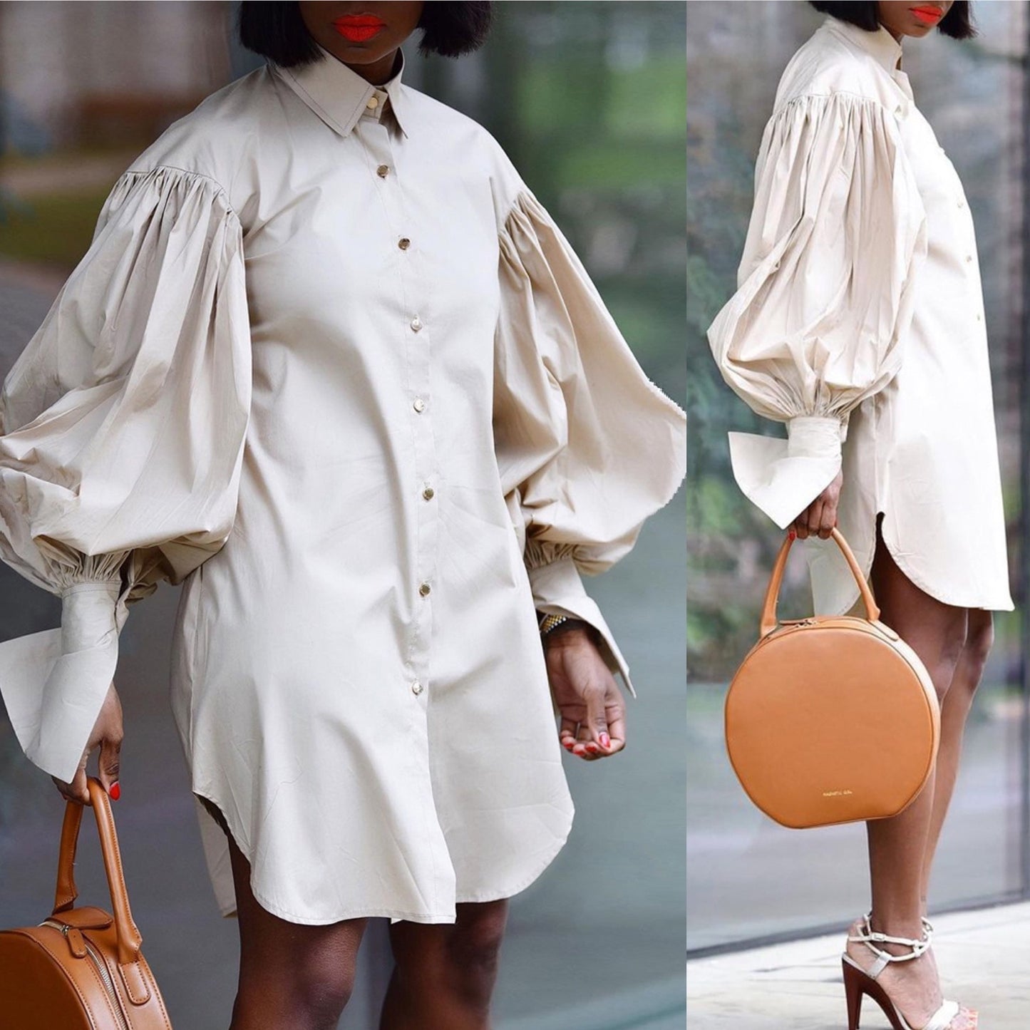 Women Plus Size Loose Puff Sleeve Solid Color Casual Single Breasted Long Sleeve Shirt Dress