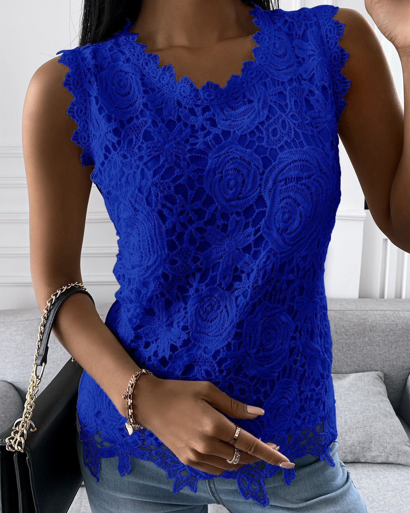 Women Basic Elegant Summer U Neck Sleeveless Solid Color Casual Fashion Lace Tank Top
