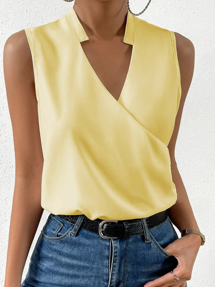 Chaleco informal sin mangas de color liso con cuello en V para mujer