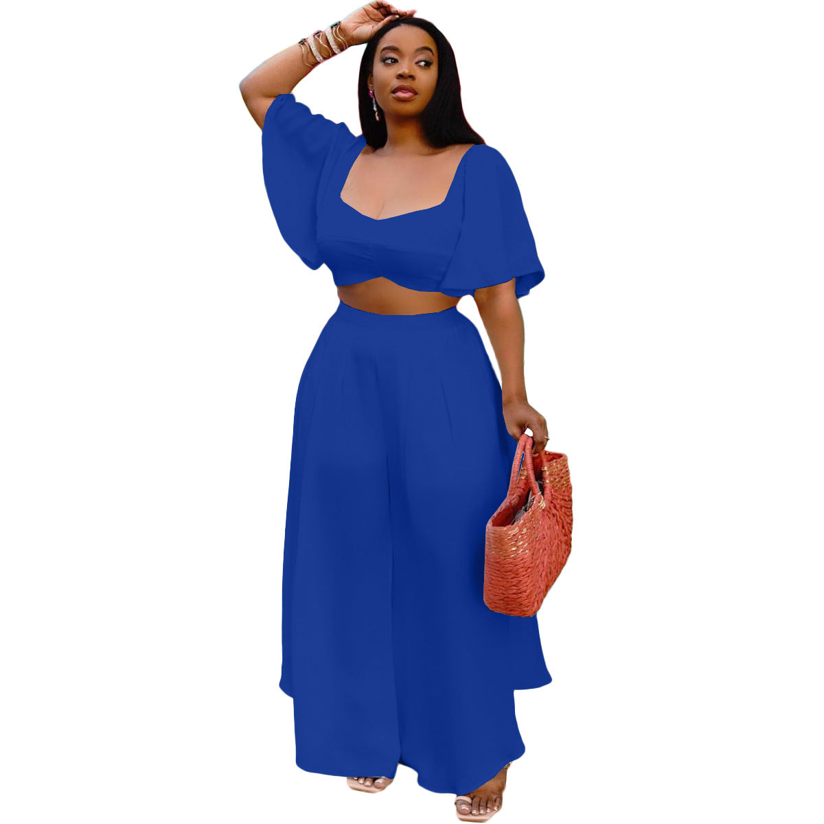 Conjunto de top corto de manga corta y pantalones anchos para mujer, elegante e informal, de color liso, con ropa interior