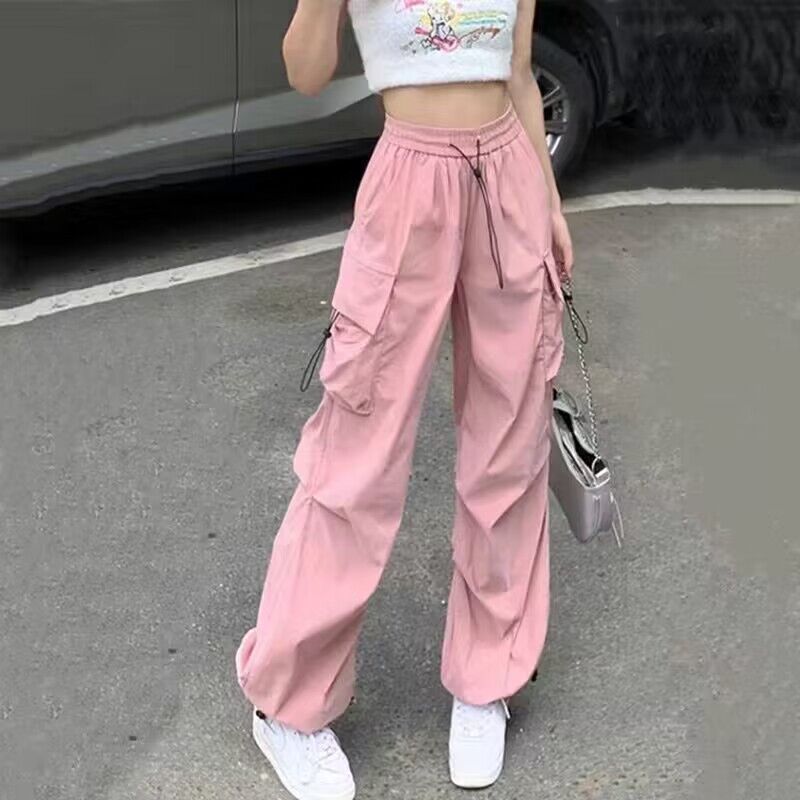 Pantalones cargo retro informales para mujer, rectos, holgados, de pierna ancha, de color liso, con bolsillos laterales