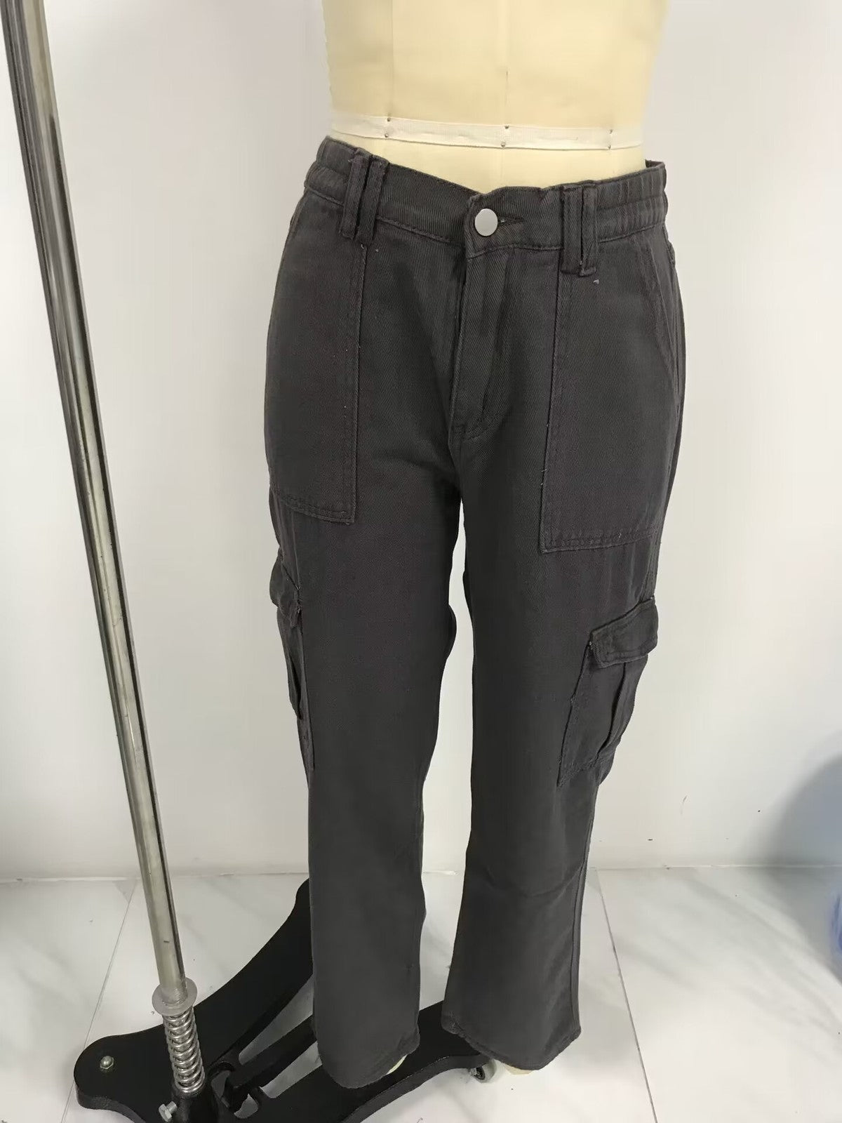 Women Fashion Casual Solid Color High-Waist Multi-Pocket Slim-Fit Pants