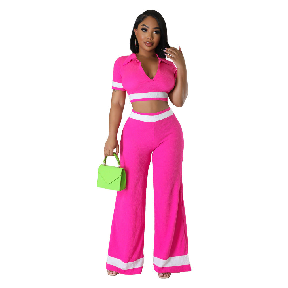 Conjunto de dos piezas de top corto y pantalones cortos de manga corta con bloques de color para mujer