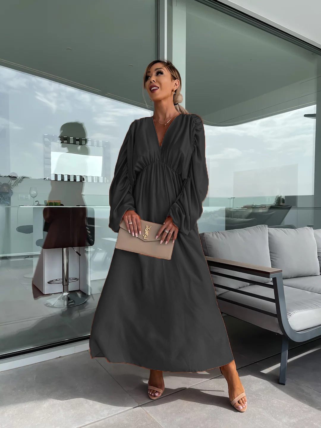 Vestido bohemio informal de manga larga con cuello en V plisado para mujer