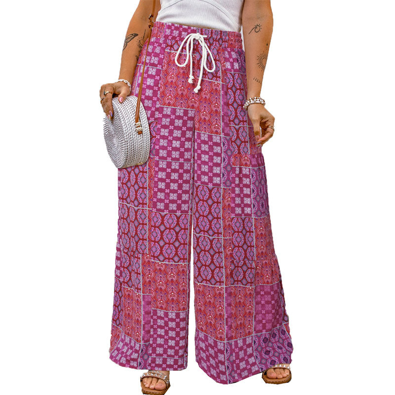 Women'S Casual Tiny Flower Color-Block Loose Wide-Leg Pants