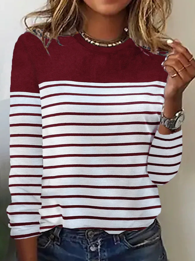 Camiseta informal de manga larga con estampado de rayas y cuello redondo para mujer