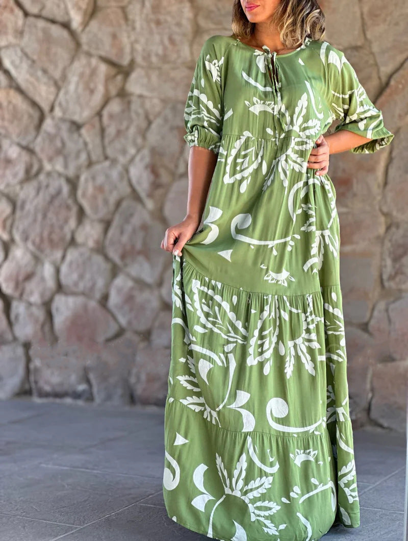 Women Casual Loose Graphic Printed V-Neck Plus Size Dress