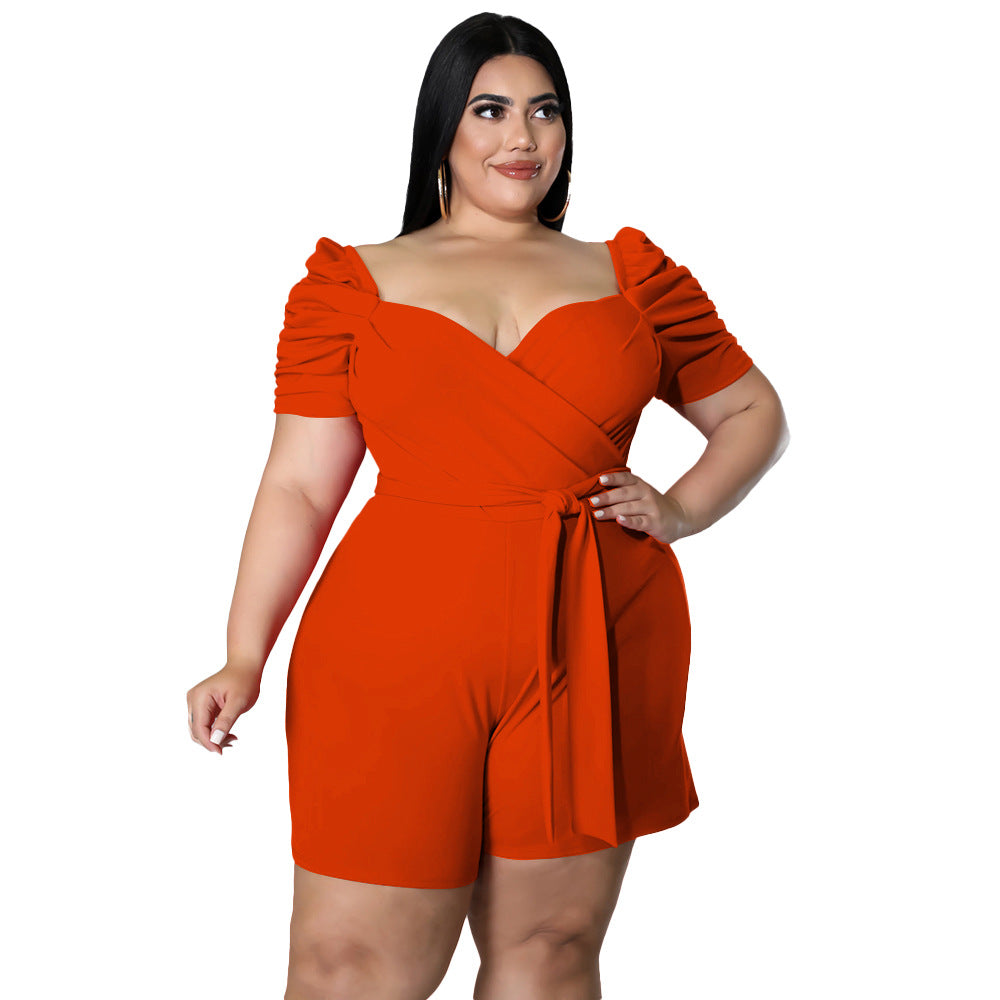 Women Fashion Casual Plus Size Solid Color Lace-Up Short-Sleeve Rompers