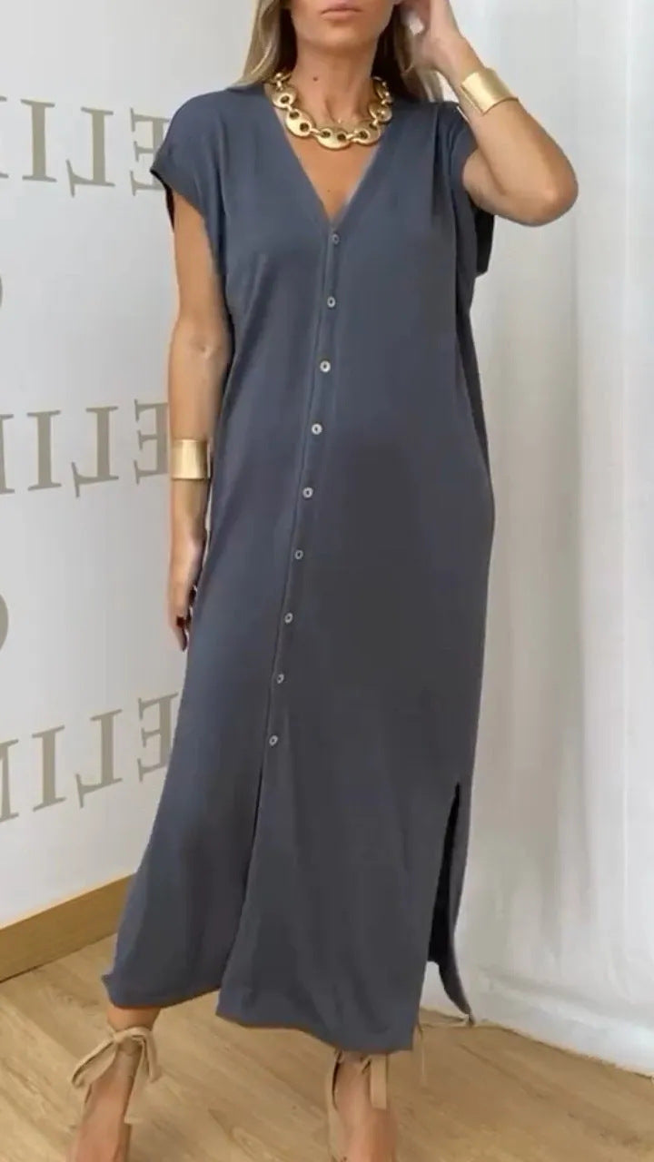 Women Casual Solid Color V-Neck Short Sleeve Single Breasted Split Dress