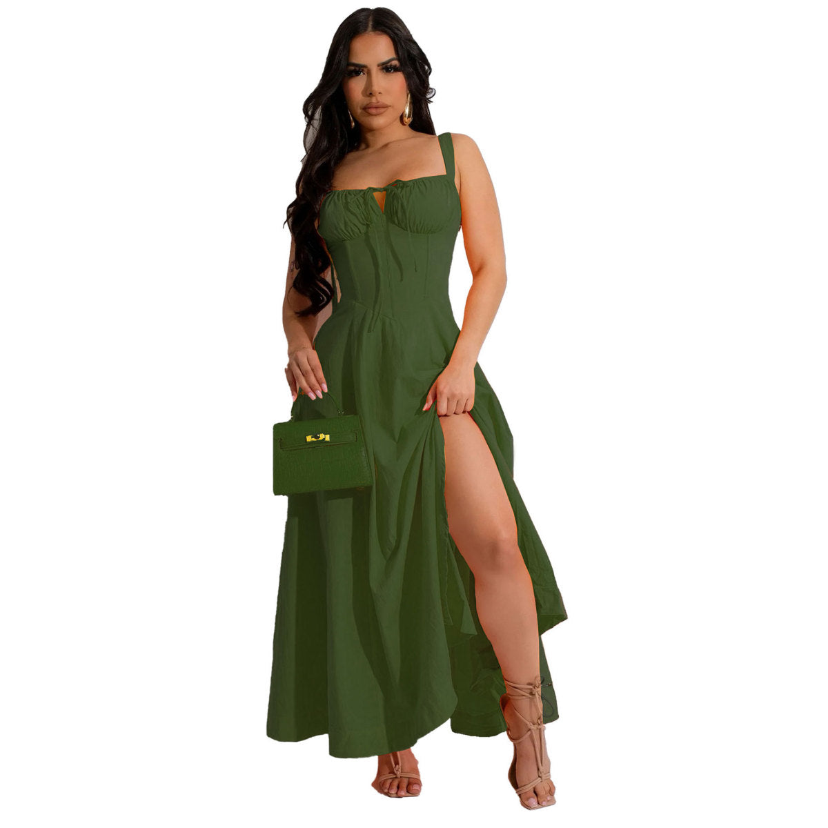 Women Fashion Casual Solid Color Sling Maxi Dress