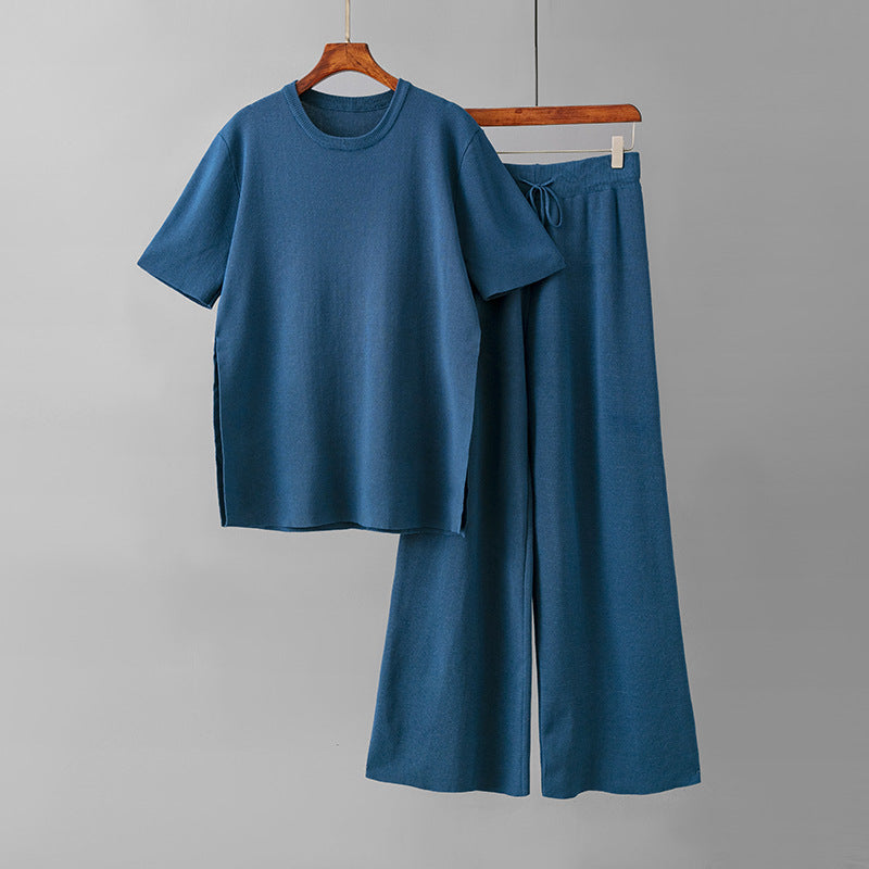 Conjunto de dos piezas de punto con top de manga corta y pernera ancha de color liso para mujer