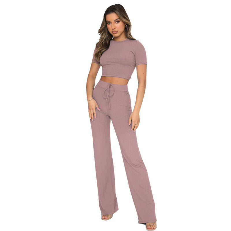 Conjunto de dos piezas para mujer, informal, de color sólido, elástico, ajustado, de manga corta y pierna ancha