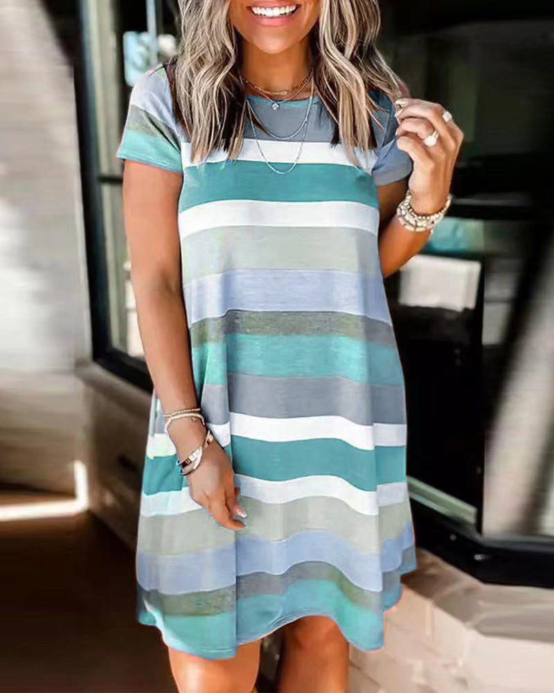 Summer Women Loose Casual Fashion Stripe Print Short Sleeve Dress