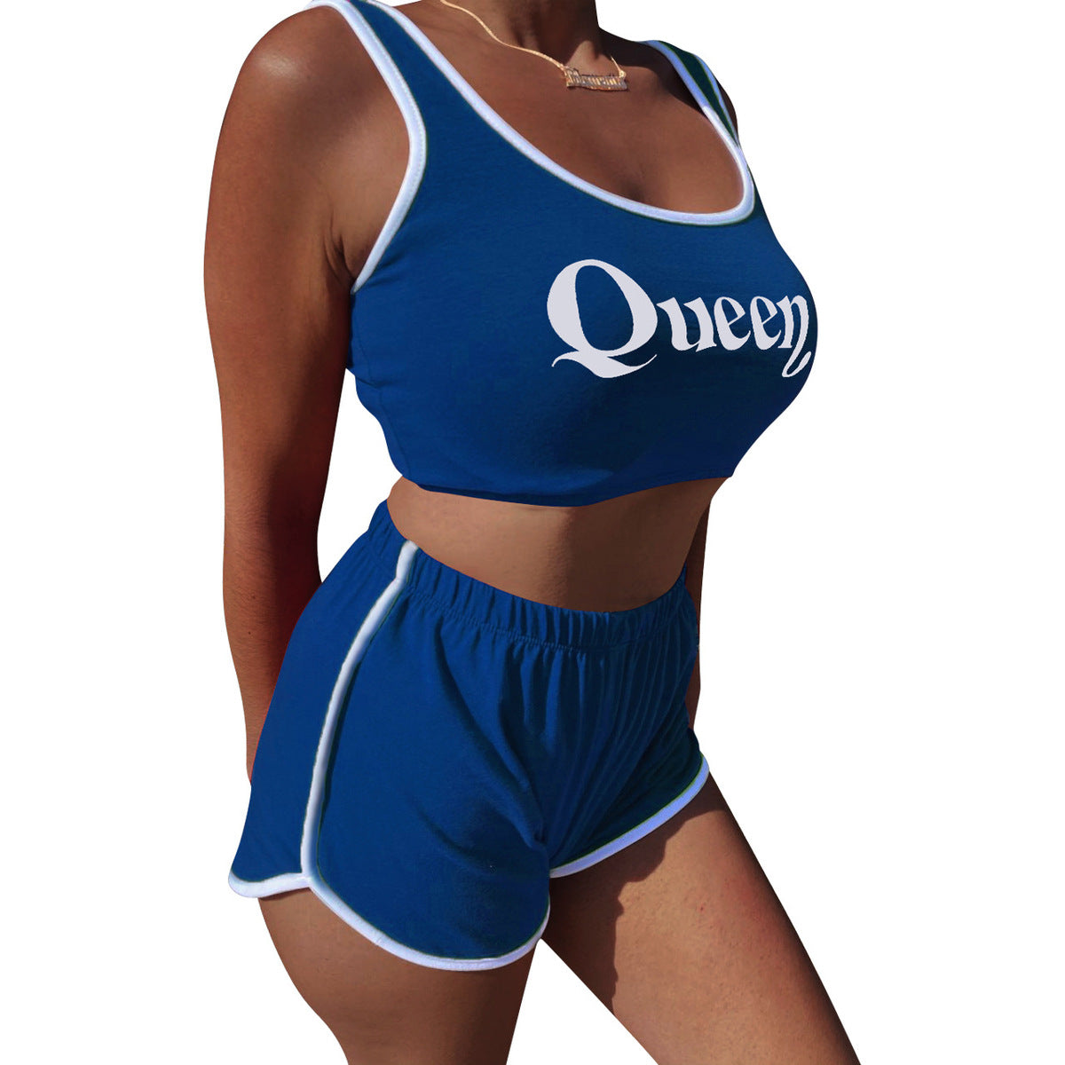 Women Casual Solid Color Letter Printed Tank Top Tight Shorts Sports Two-Piece Set