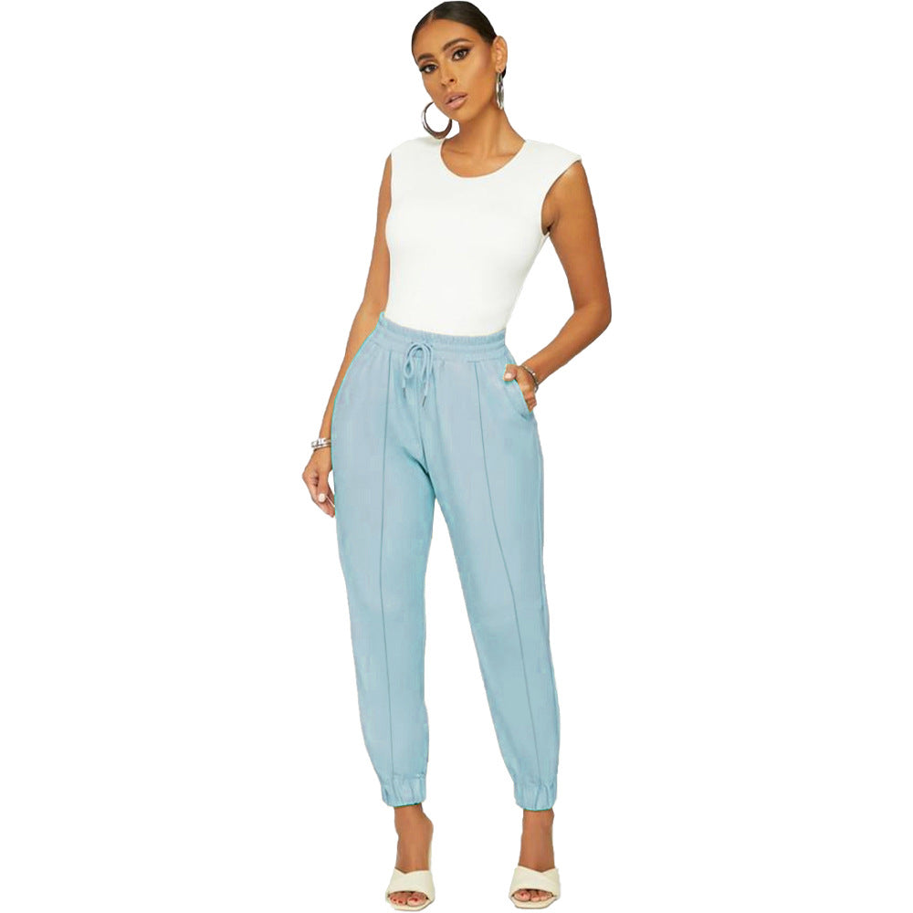 Women Solid Color Pu Leather Casual Pants Pencil Jogger Pants
