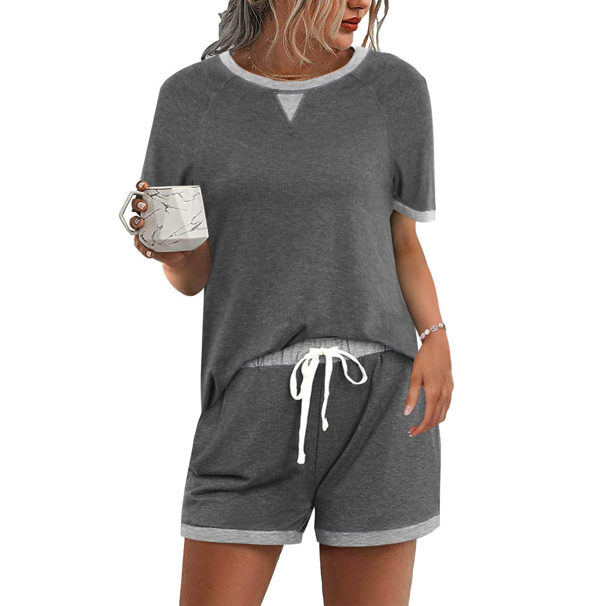 Summer Women Casual Round Neck Short-Sleeved T-Shirt Drawstring Shorts Two-Piece Set