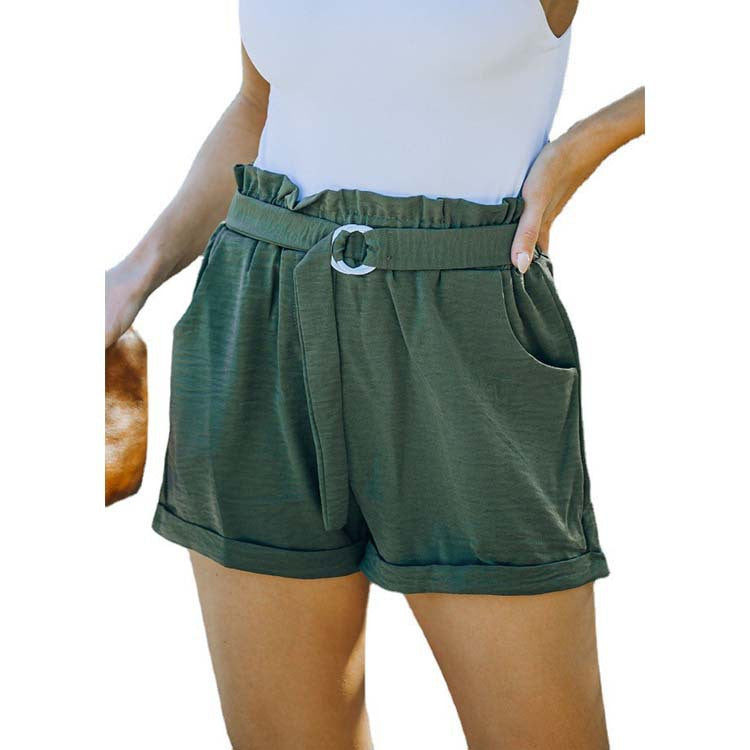 Pantalones cortos casuales de cintura alta de color liso con bolsillos y correa de cintura suelta para mujer