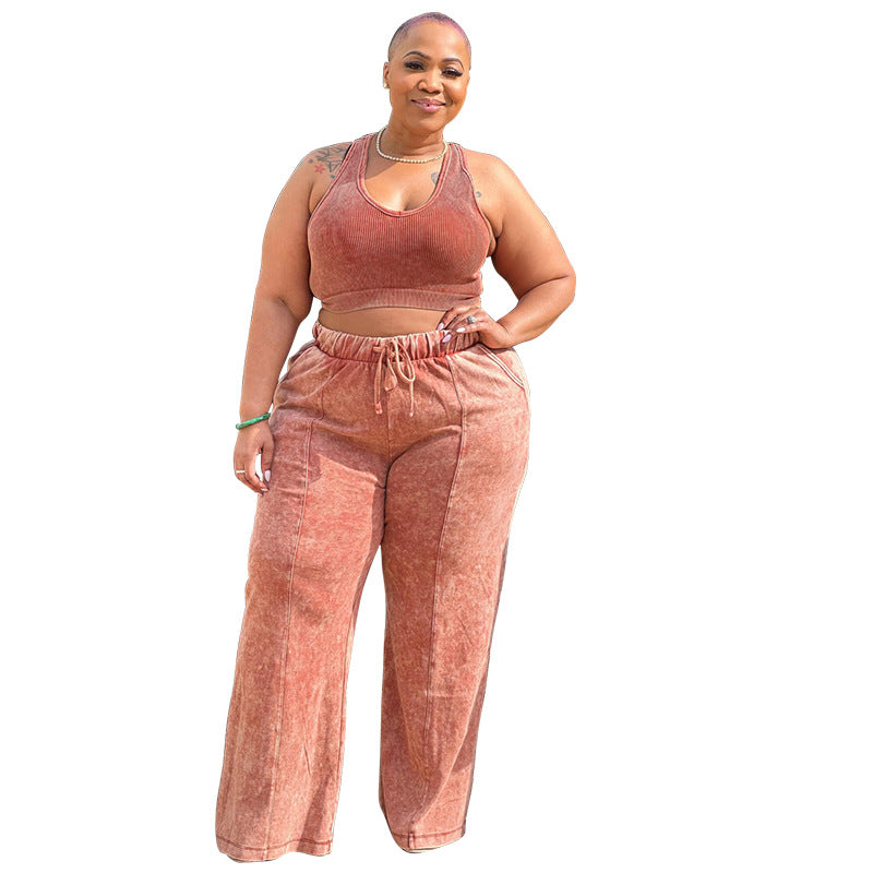 Casual Fashion Plus Size Women Athleisure Solid Color Crop Top And Pants Set