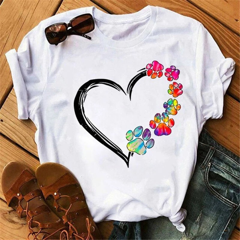 Camiseta informal de manga corta con estampado de garra de perro pintada a mano para mujer