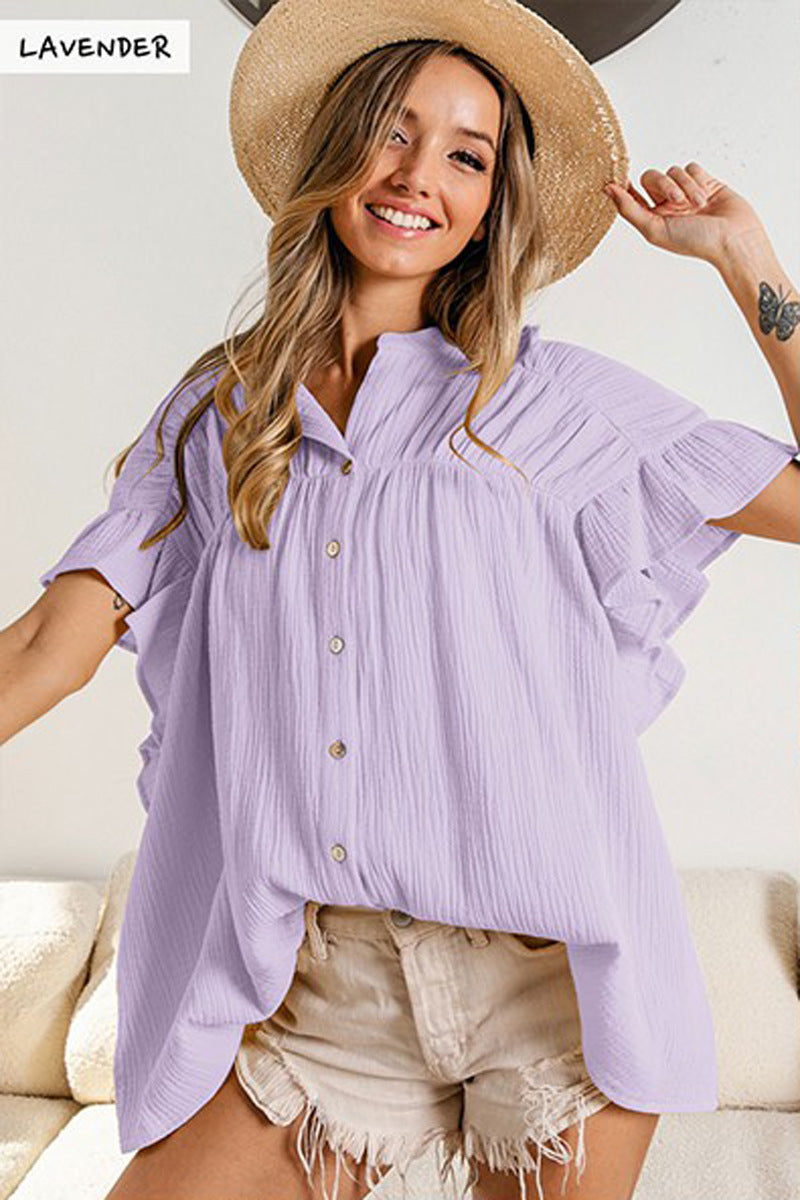 Blusa informal de color liso con cuello alto plisado y botonadura sencilla para mujer