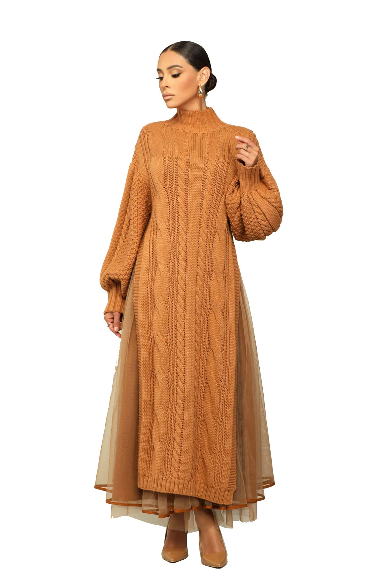 Women Fashion Casual Solid Color Sweater Split Mesh Skirt Two Pieces Set