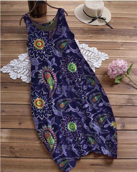 Women Fashion Casual Plant Printing Round Neck Sleeveless Dress