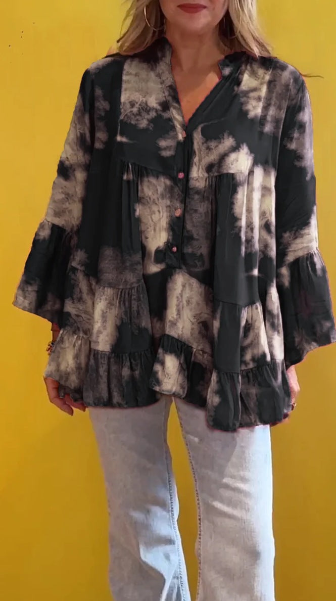 Blusa informal de verano con volantes y manga larga con estampado irregular para mujer