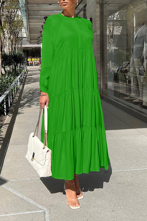 Women Fashion Casual Long-Sleeved Loose Ruffled Solid Color Maxi Dress