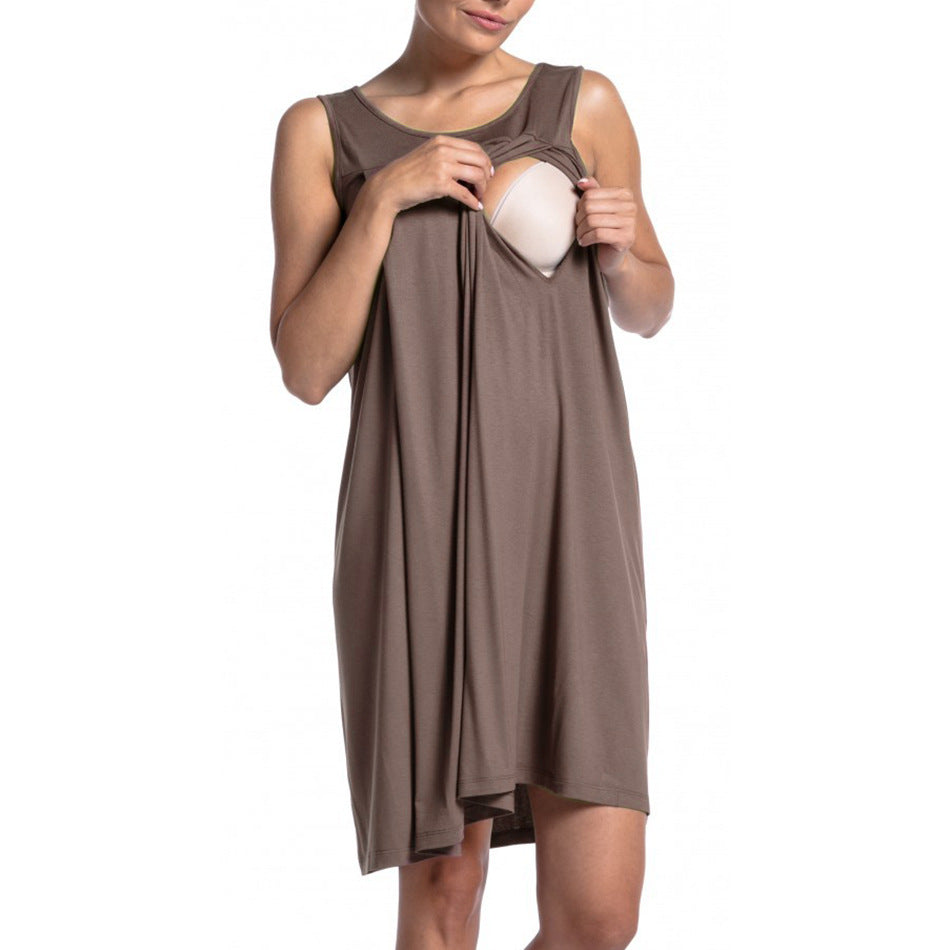 Pregnant Women Casual Loose Solid Color Sleeveless Breastfeeding Dress