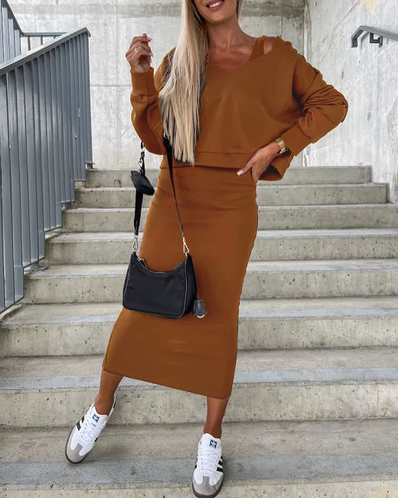 Conjunto de dos piezas formado por sudadera y vestido, sin mangas, color liso, informal, para mujer, otoño e invierno