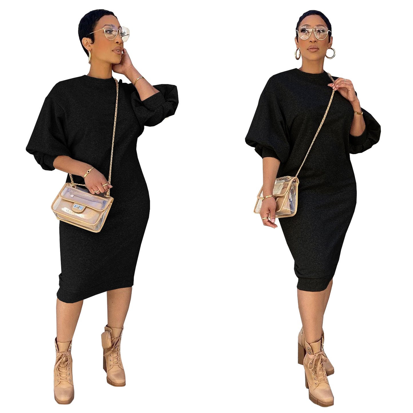 Women Fashion Casual Solid Color Loose Dress