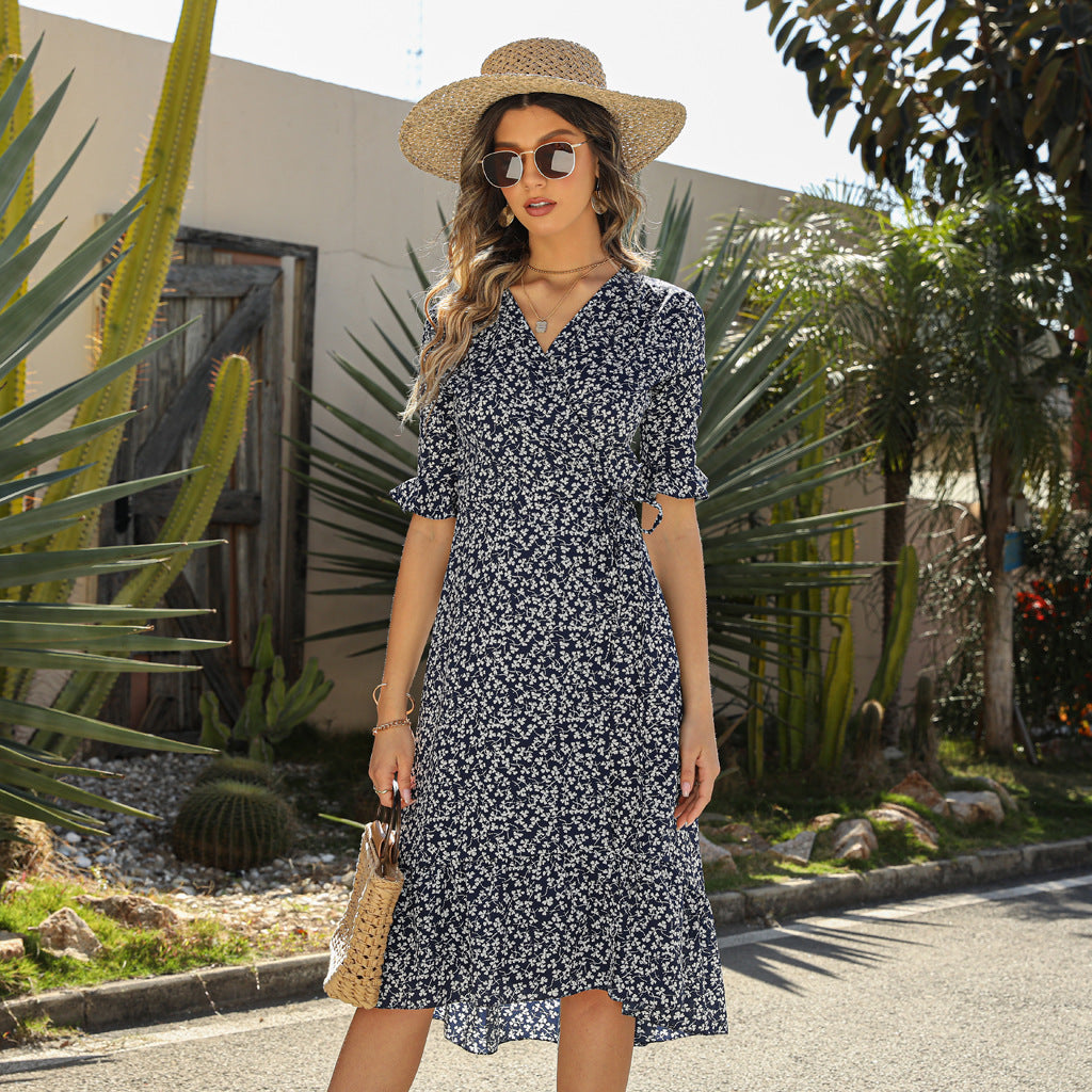 Women Summer Vacation Casual A-Line Short Sleeve Floral Wrap Dress