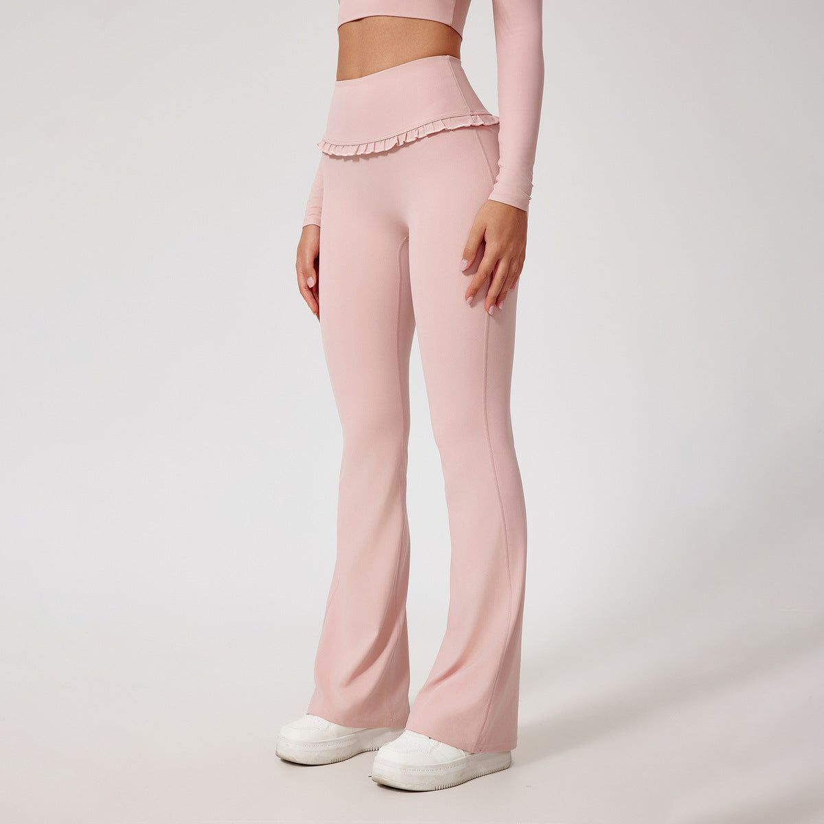 Pantalones deportivos de yoga de cintura alta con borde de encaje de color sólido a la moda para mujer