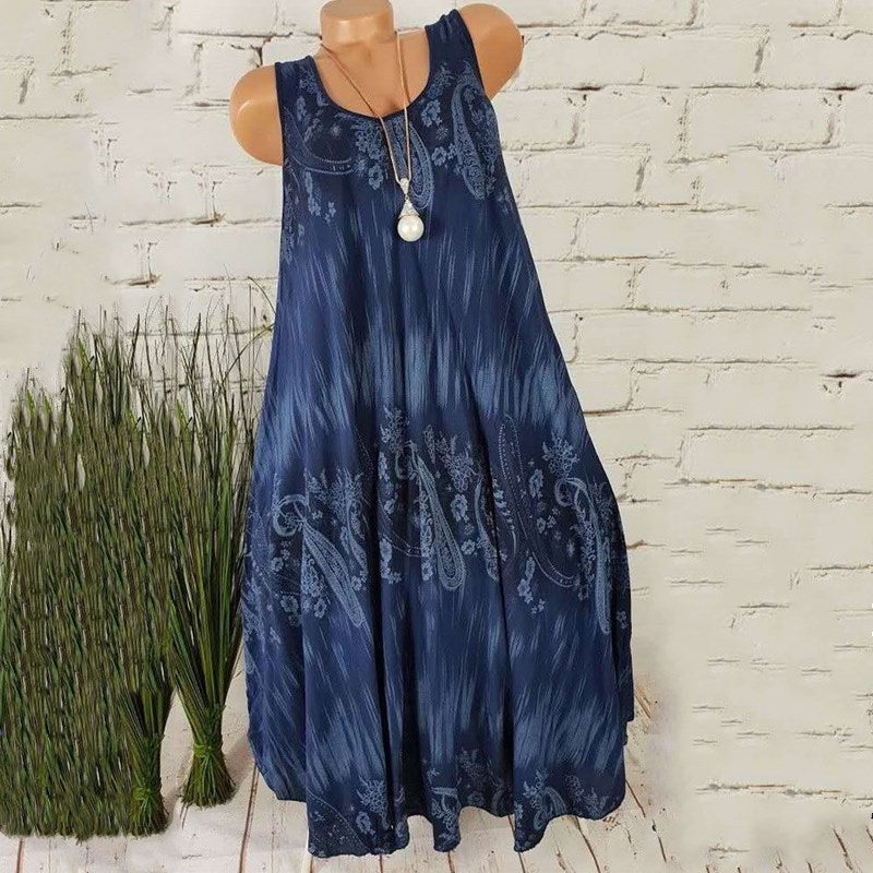 Women Summer Vintage Plus Size Casual Sleeveless Loose A-line Dresses