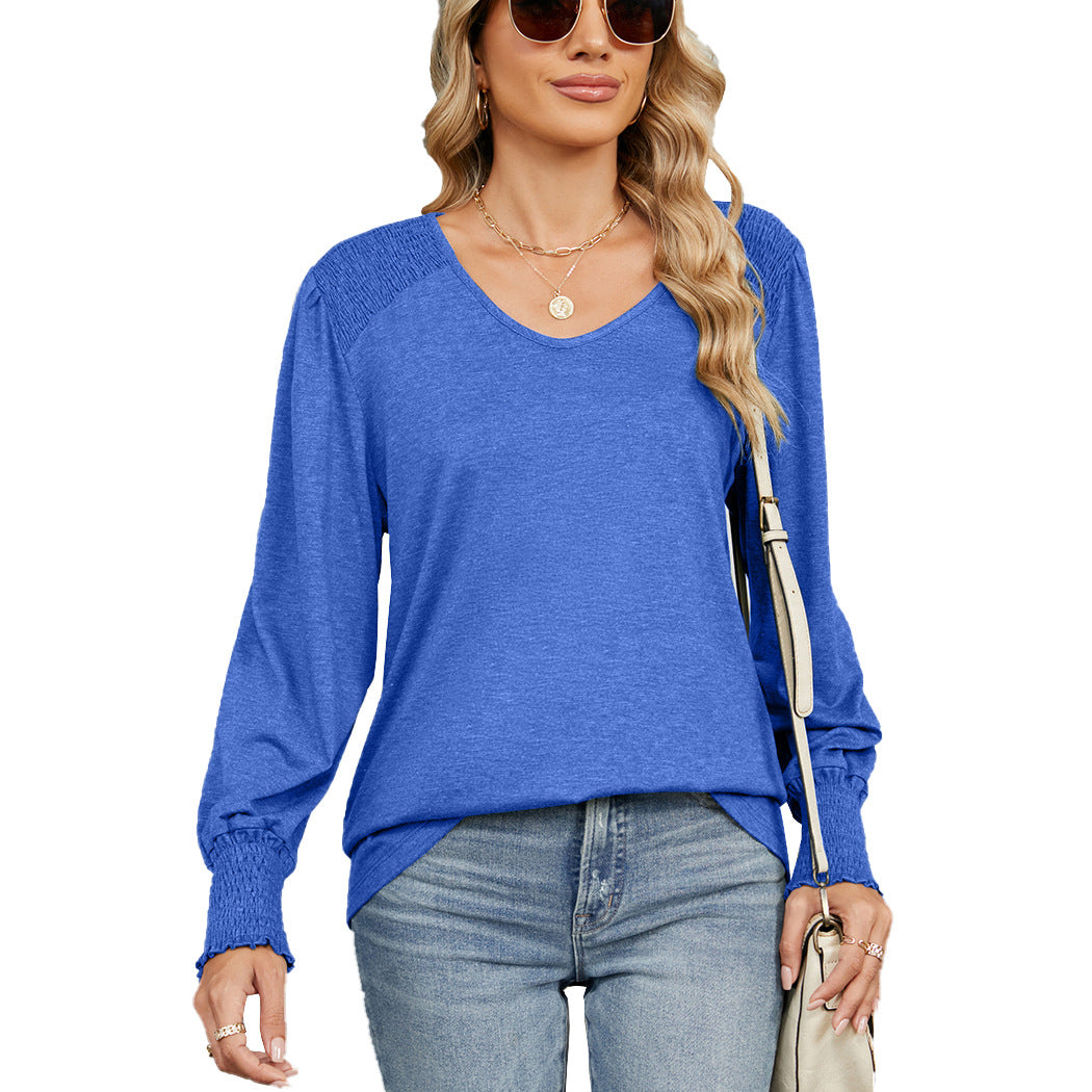 Camiseta informal holgada plisada de color liso con cuello en V y mangas farol para mujer