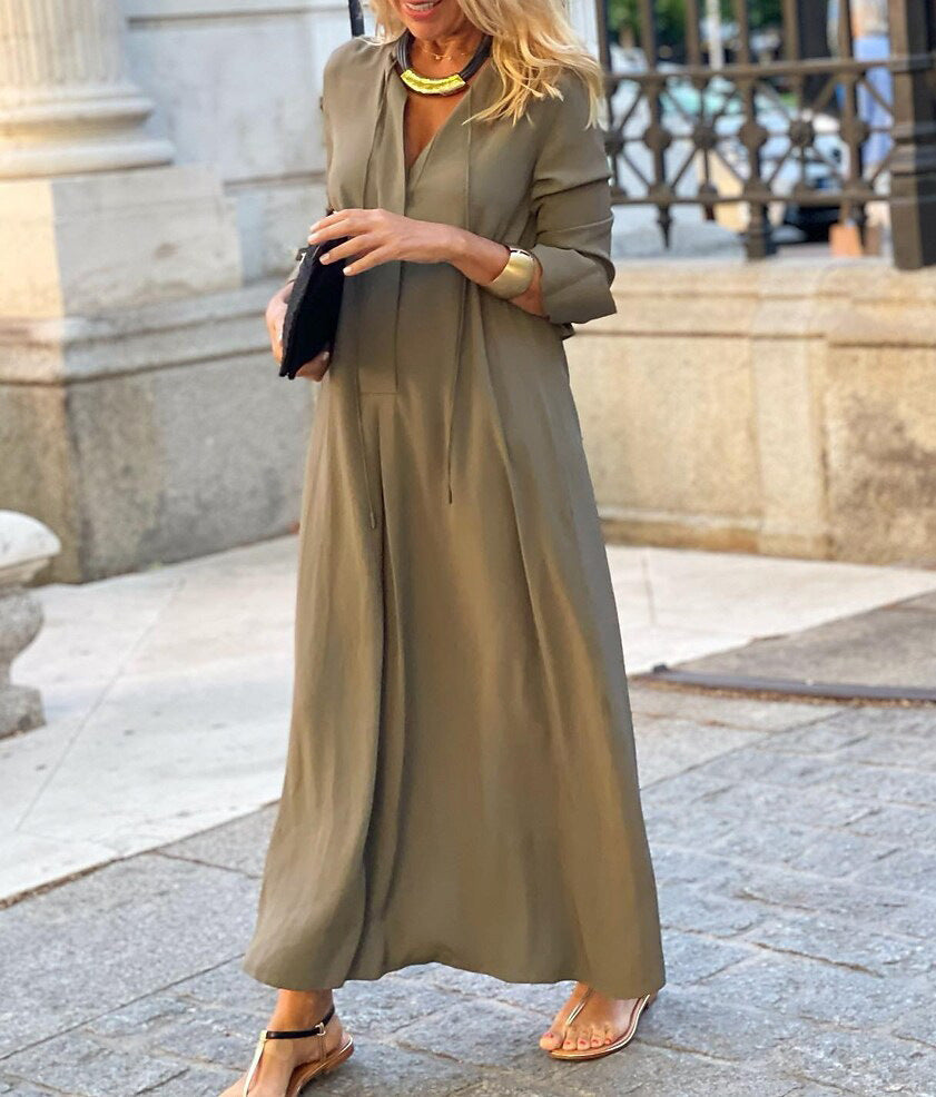 Women Solid Color Lapel Long Sleeve Loose Casual Long Dress