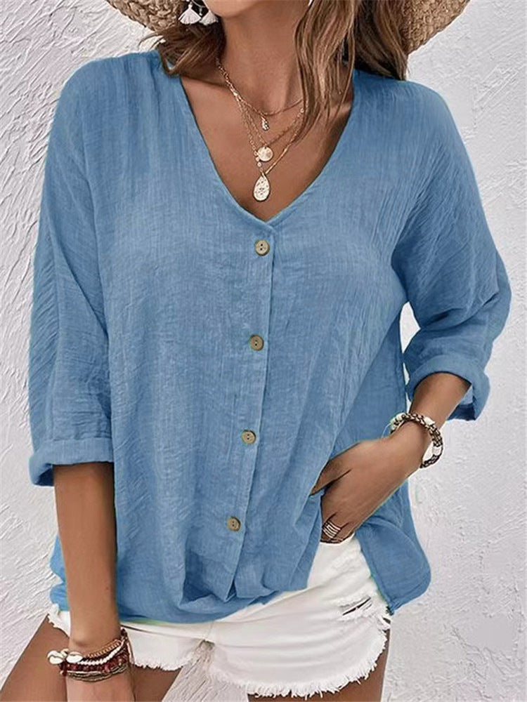Camisa informal de manga larga con botones y cuello en V de color liso a la moda para mujer