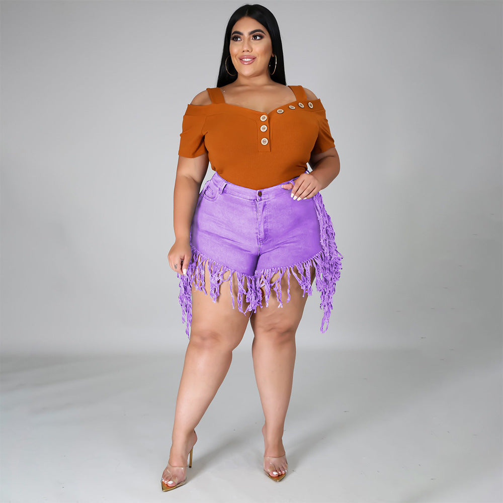 Women Fashion Casual Rothle Tassel Sanding Denim Shorts