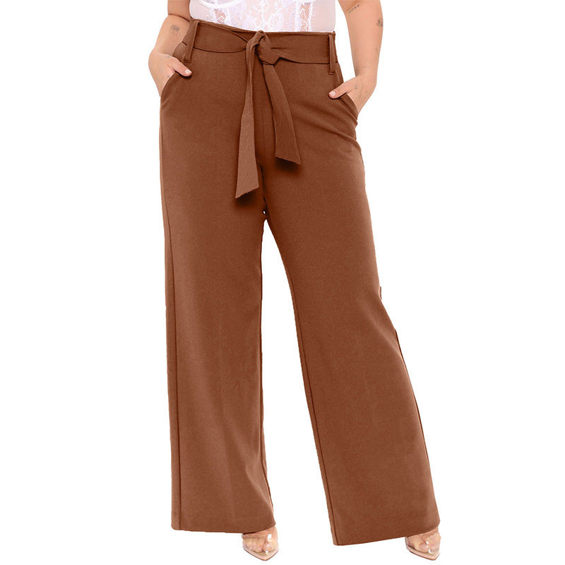 Summer Women Casual Solid Color Loose Lace-Up Wide-Leg Pants