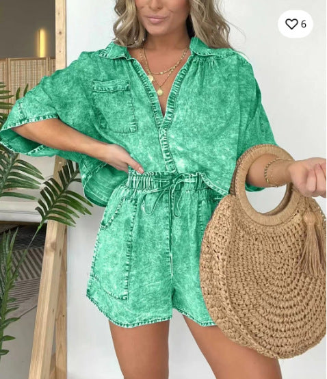 Conjunto de dos piezas de pantalones cortos casuales, holgados y cómodos para mujer