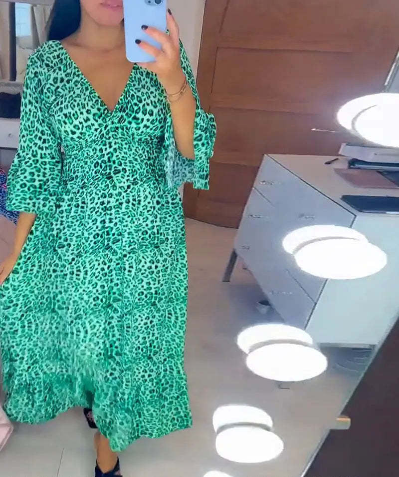 Vestido largo informal holgado estilo bohemio para mujer, elegante, de otoño, con escote en V profundo y estampado de leopardo para vacaciones en la playa