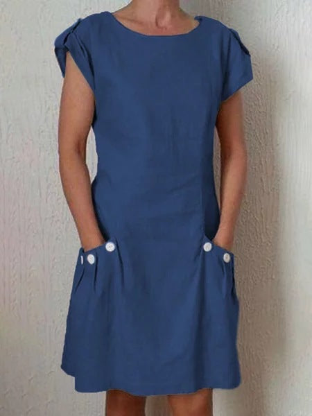 Vestido informal de manga corta con bolsillos y color liso para mujer