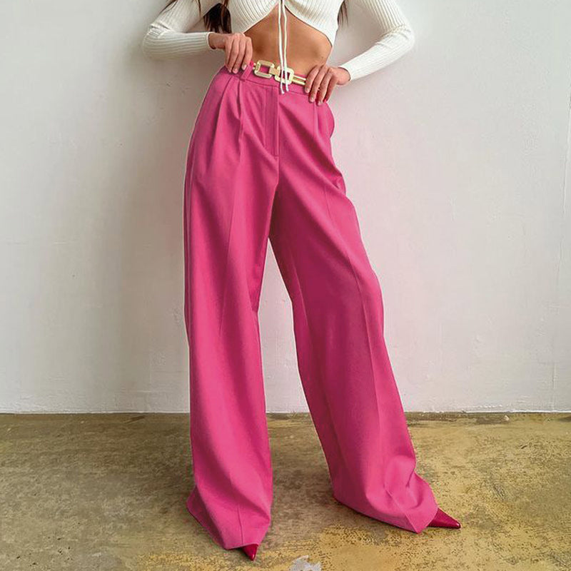 Pantalones básicos de color liso informales de cintura alta y pierna ancha para mujer