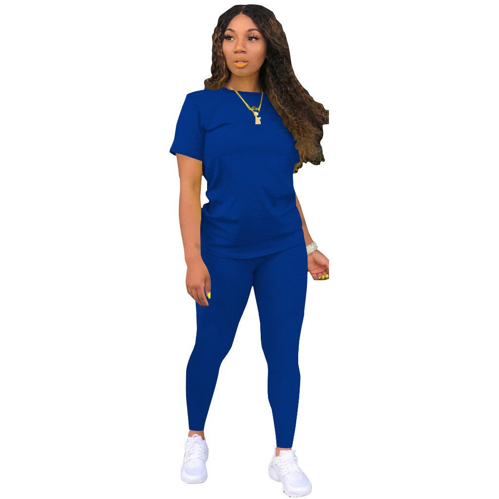 Conjunto de dos piezas de camiseta y pantalón de manga corta para mujer, informal, de color liso